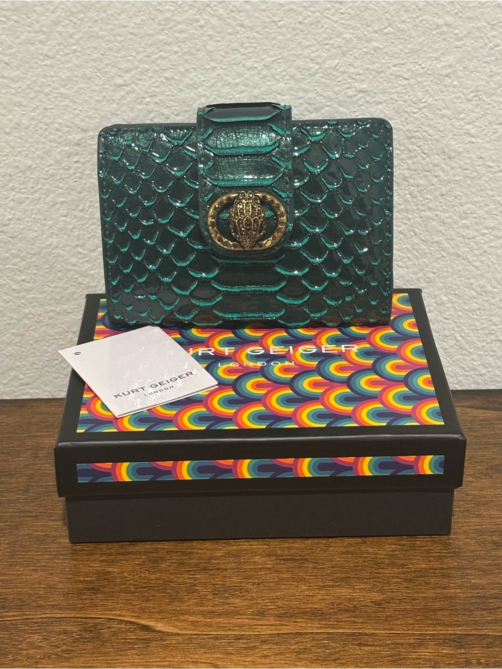 Kurt Geiger Teal Embossed Leather Wallet with Gold Hardware
